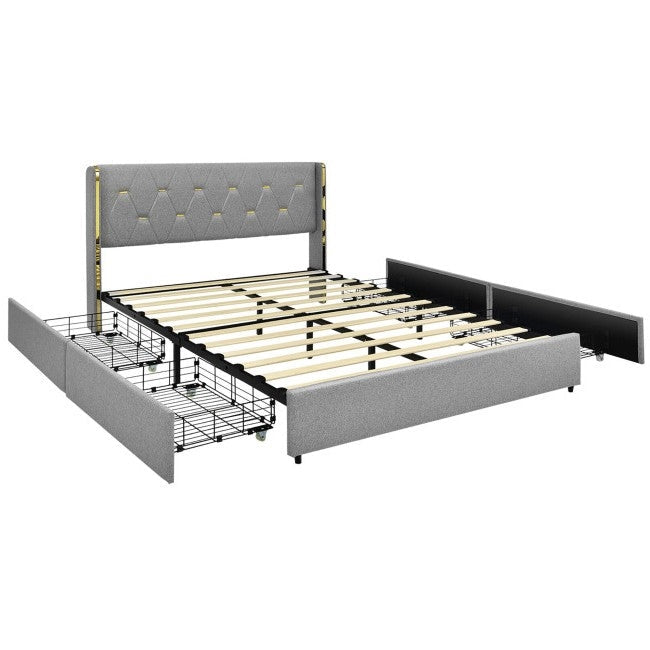 Bedroom > Bed Frames > Platform Beds - Queen Size Grey/Gold Linen Headboard 4 Drawer Storage Platform Bed