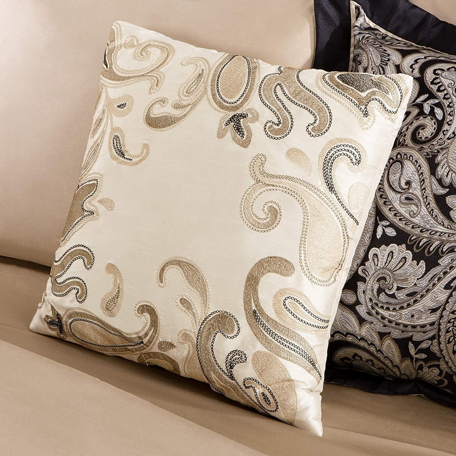 Bedroom > Comforters And Sets - Queen 12 Piece Cotton Polyester Comforter Set Black Gold Paisley