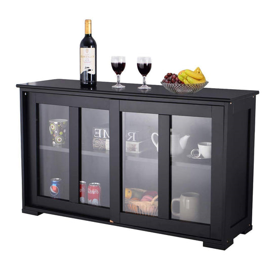 Dining > Sideboards & Buffets - Black Sideboard Buffet Dining Storage Cabinet With 2 Glass Sliding Doors