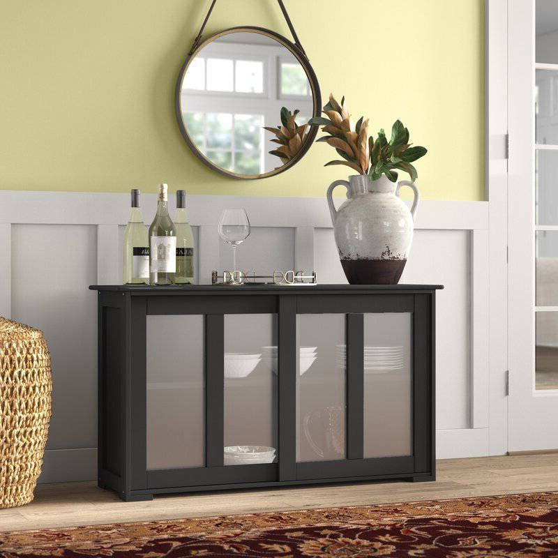Dining > Sideboards & Buffets - Black Sideboard Buffet Dining Storage Cabinet With 2 Glass Sliding Doors