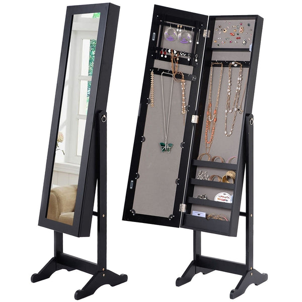 Accents > Jewelry Armoires & Boxes - Black Wood Jewelry Storage Cabinet Freestanding Floor Mirror