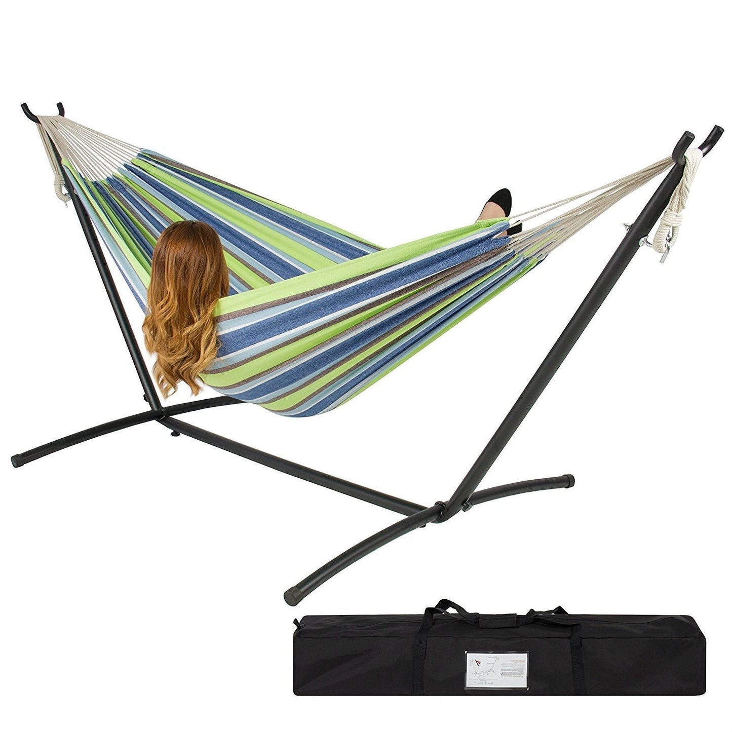 Outdoor > Outdoor Furniture > Hammocks - Portable Blue Green Stripe Cotton Hammock With Metal Stand And Carry Case