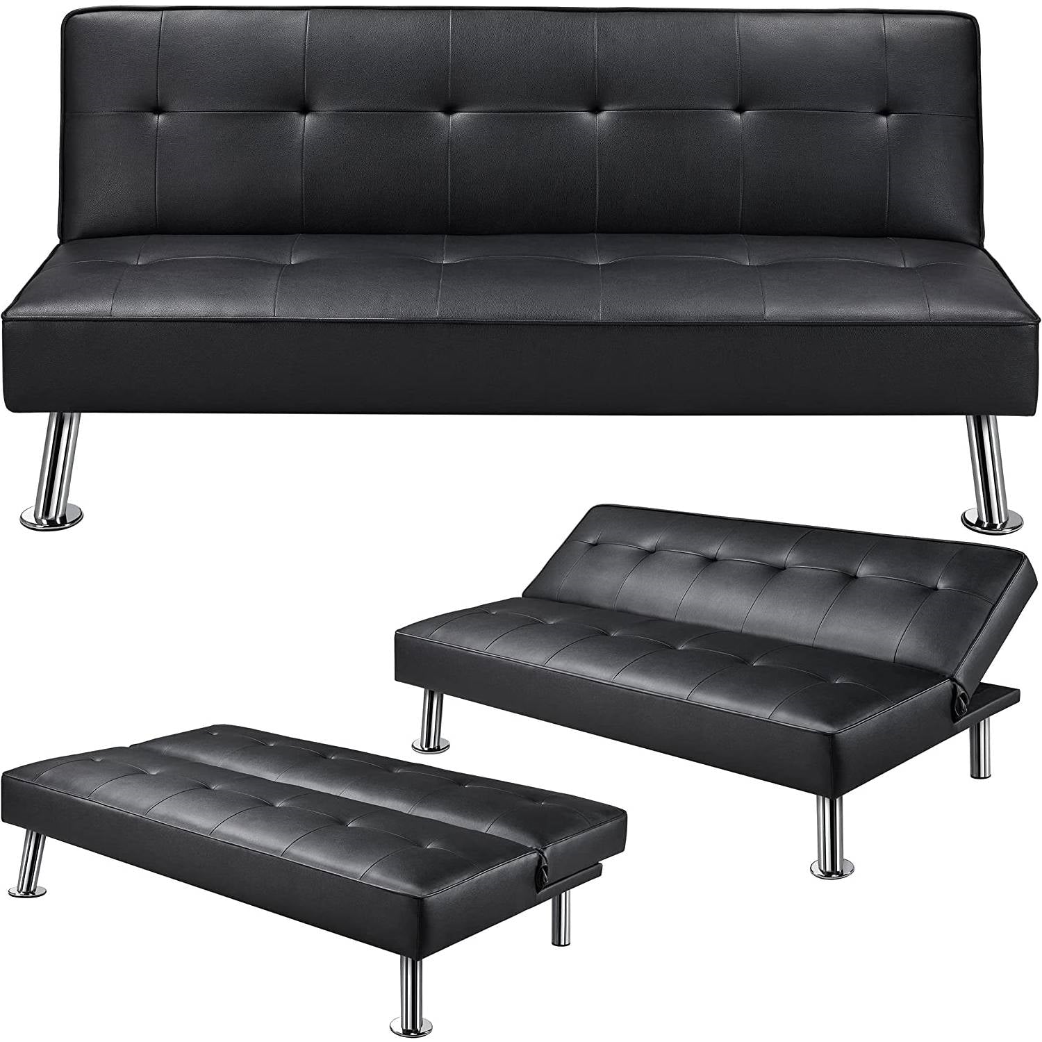 Living Room > Sofas - Black Faux Leather Click Clack Adjustable Futon Sleeper Sofa