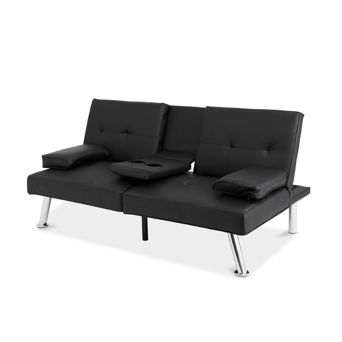 Living Room > Sofas - Black Faux Leather Convertible Sofa Futon With 2 Cup Holders