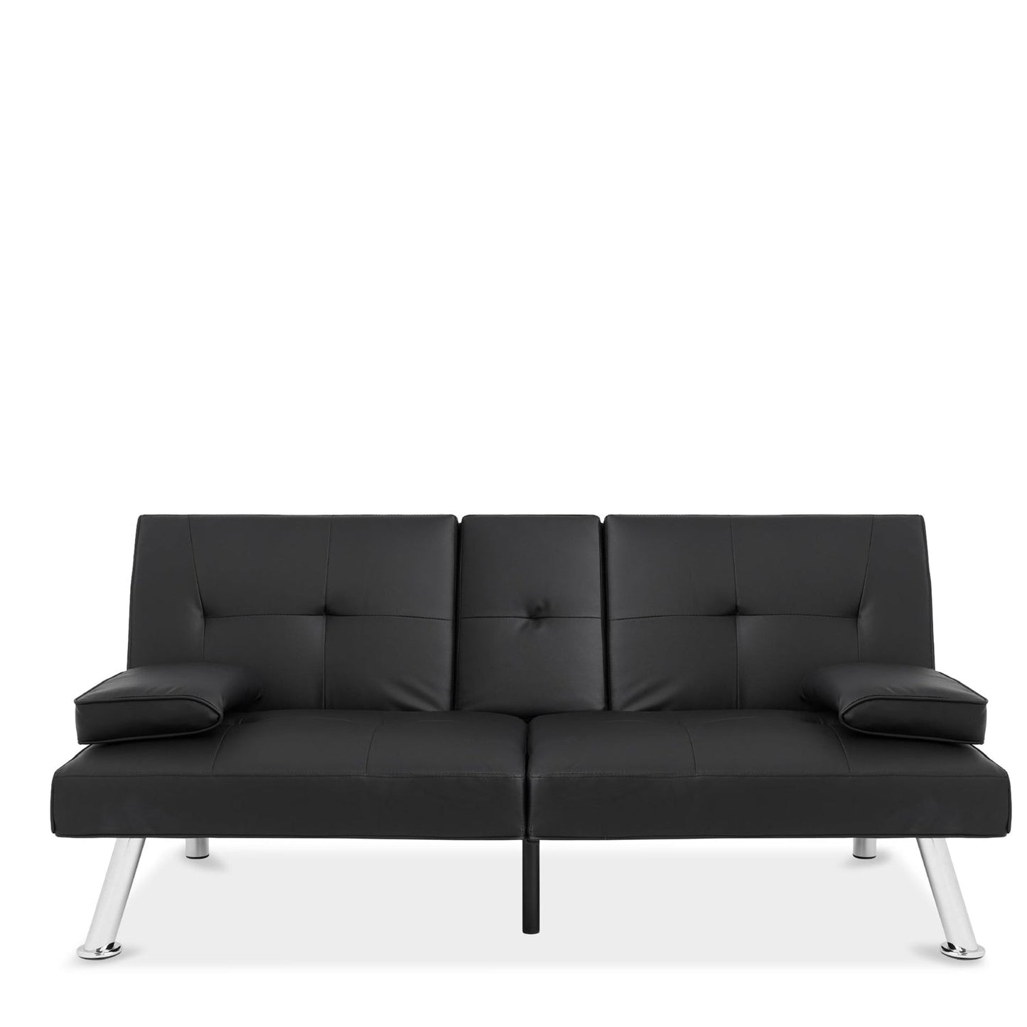 Living Room > Sofas - Black Faux Leather Convertible Sofa Futon With 2 Cup Holders