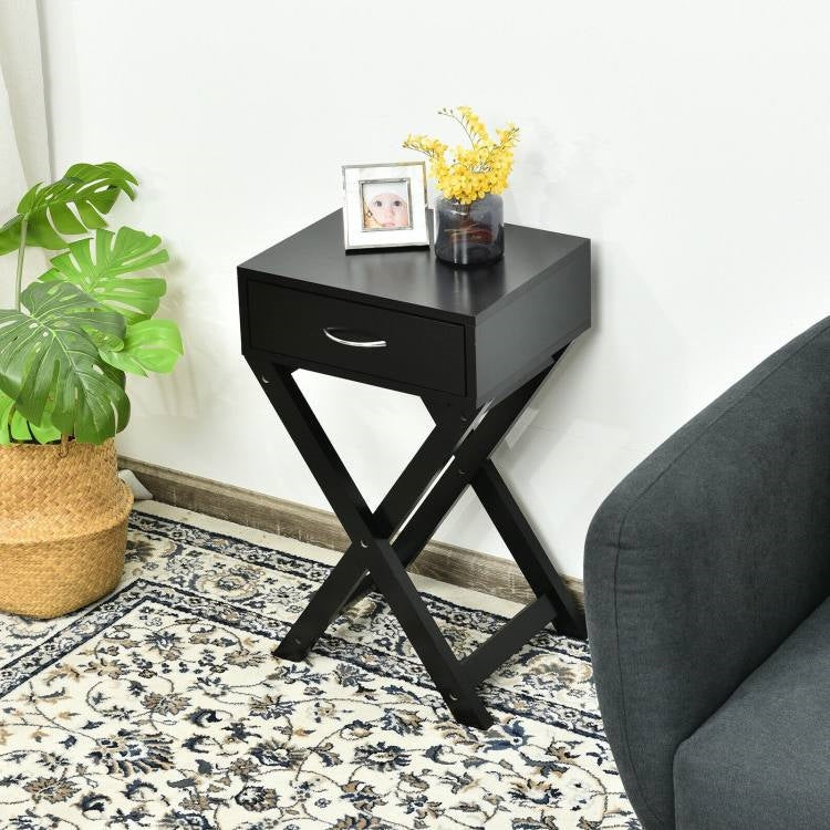 Bedroom > Nightstand And Dressers - X-Shape 1 Drawer Nightstand End Side Table Storage In Black