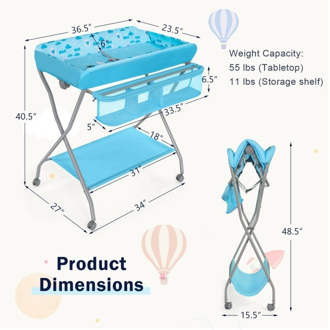 Bedroom > Baby & Kids - Blue Folding  Wide Nursery Baby Diaper Changing Table