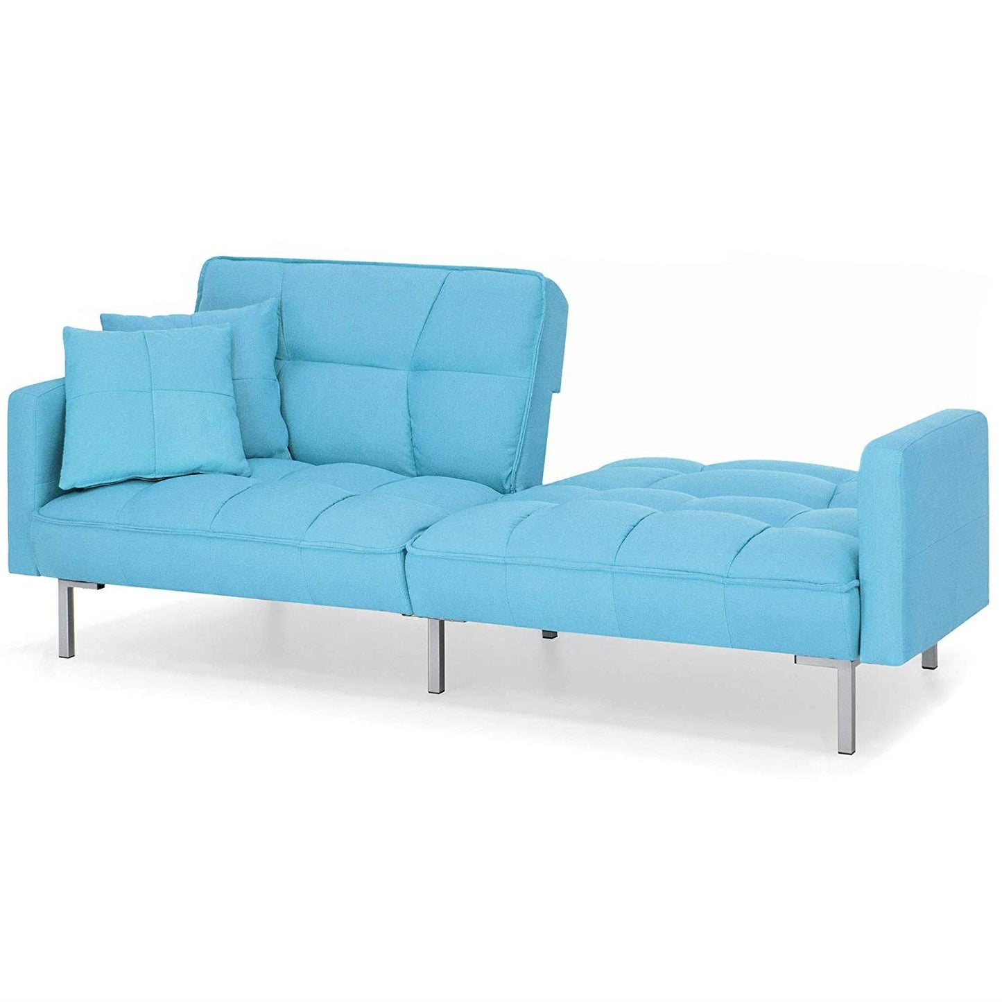 Living Room > Sofas - Plush Blue Split-Back Design Convertible Linen Tufted Futon W/ 2 Pillows