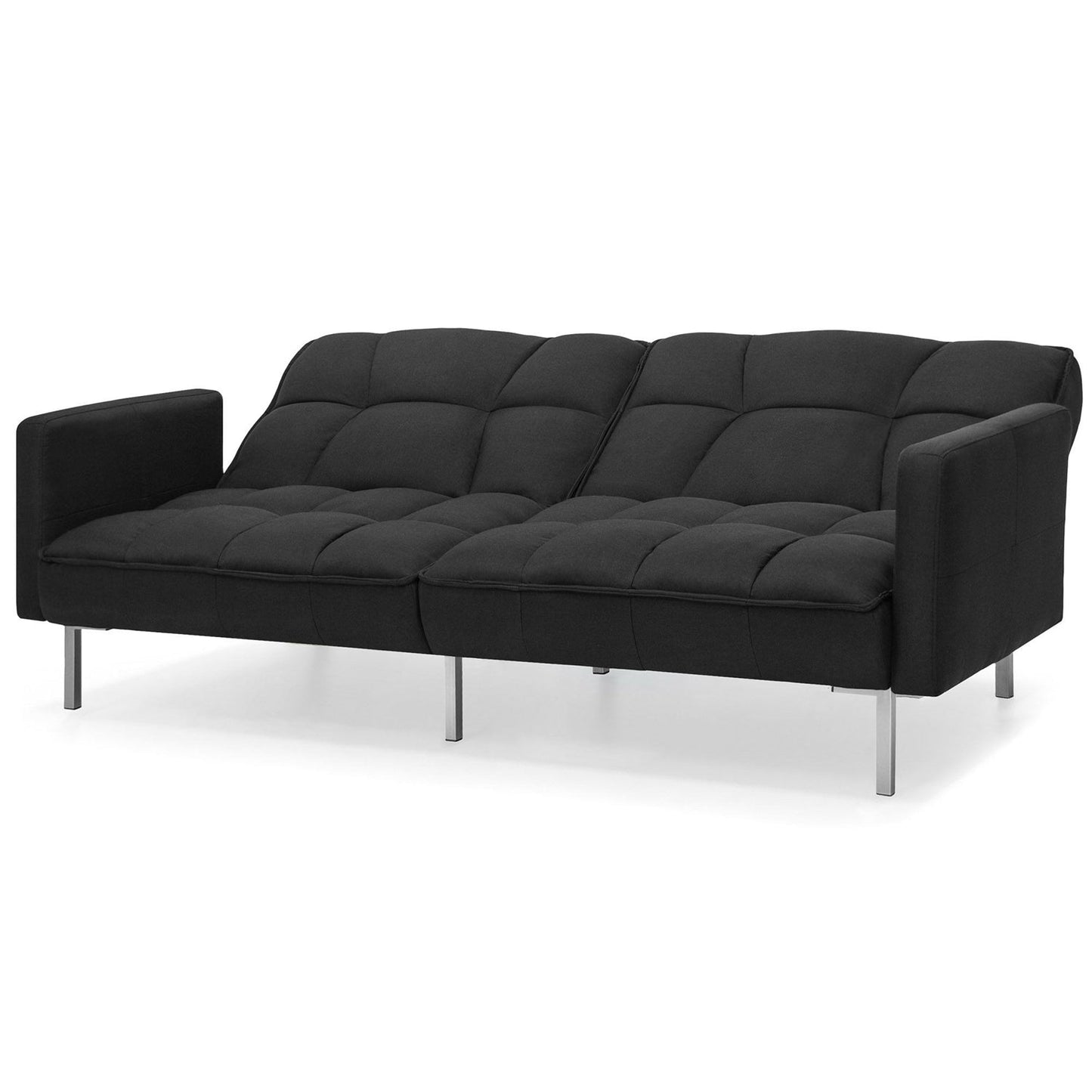 Living Room > Sofas - Plush Black Split-Back Design Convertible Linen Tufted Futon W/ 2 Pillows