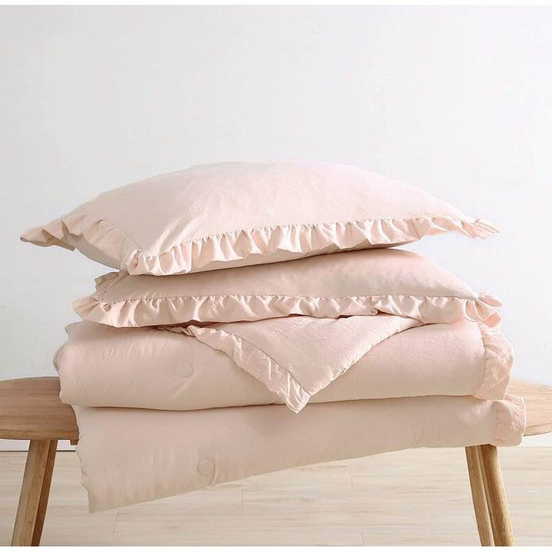Bedroom > Comforters And Sets - Full Size Pink Stone Washed Ruffled Edge Microfiber Comforter Set