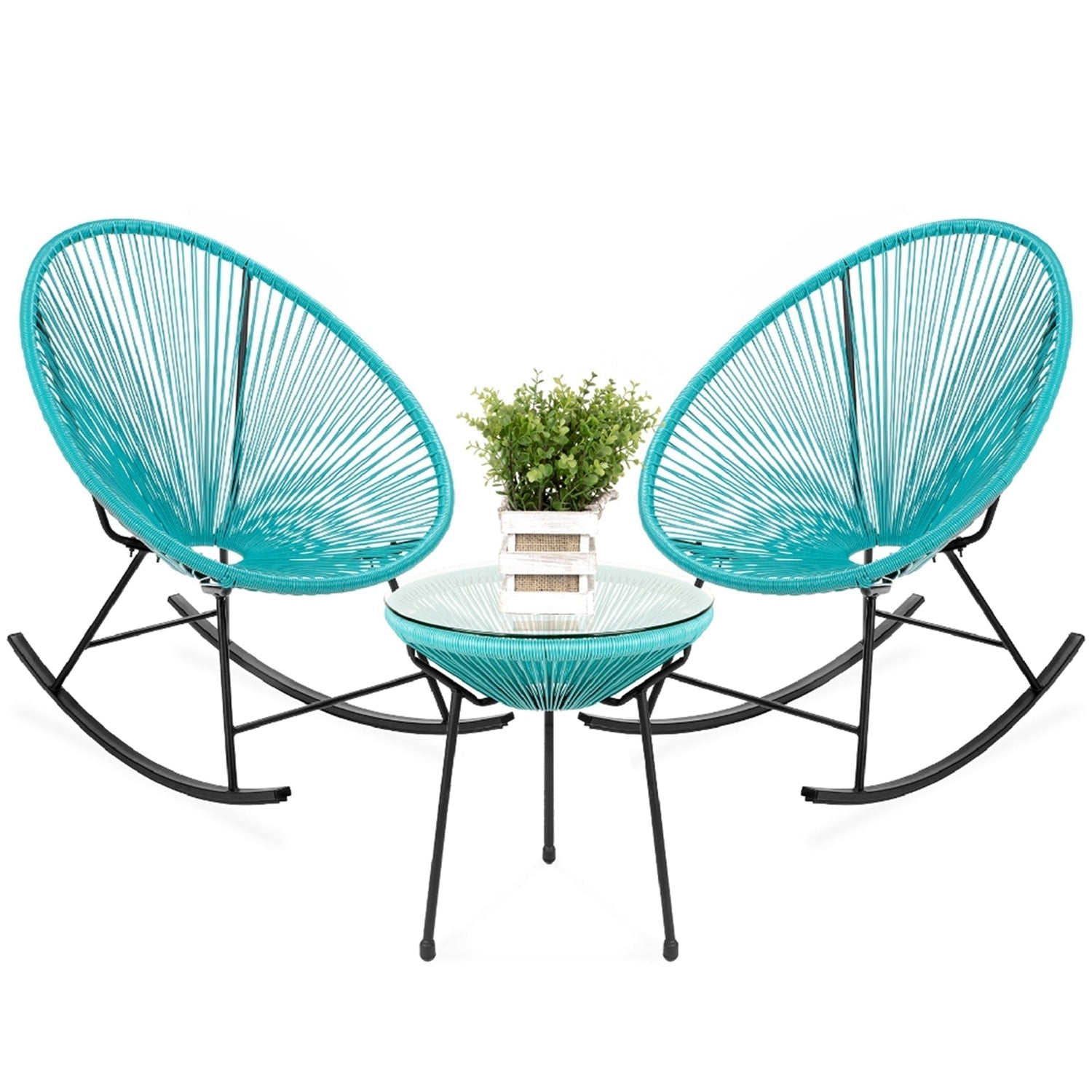3 Piece Teal Oval Patio Woven Rocking Chair Bistro Set-Novel Home