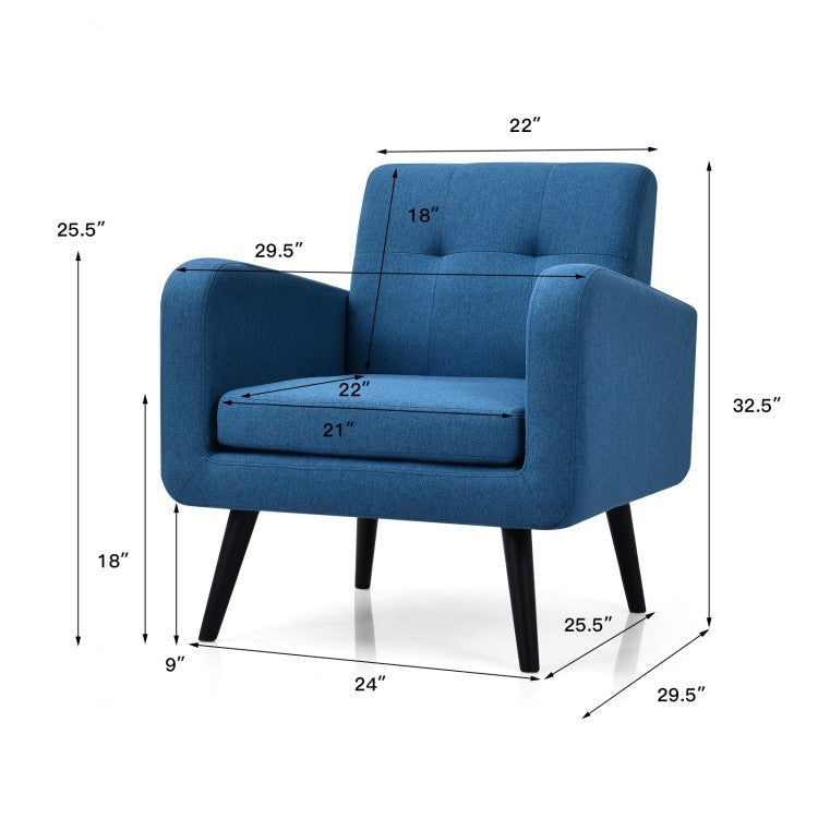 Living Room > Accent Chairs - Mid-Century Modern Blue Linen Upholstered Accent Chair With Wooden Legs