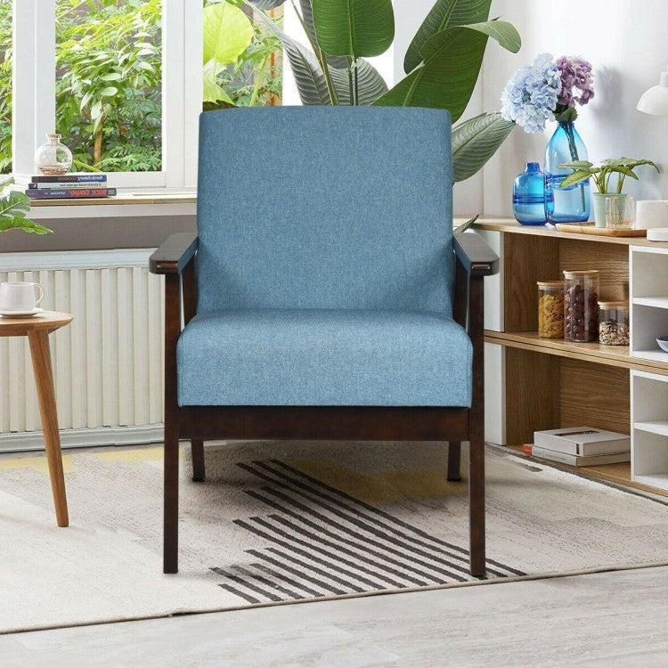 Living Room > Accent Chairs - Retro Modern Classic Blue Linen Wide Accent Chair With Espresso Wood Frame