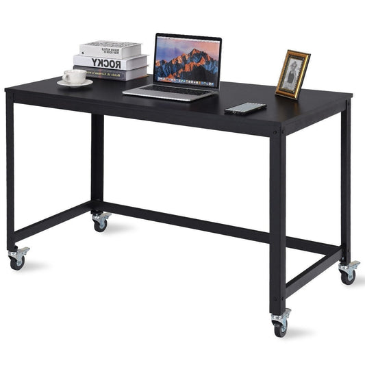 Office > Computer Desks - Mobile Steel Frame Laptop Computer Desk With Black Wood Top And Locking Casters