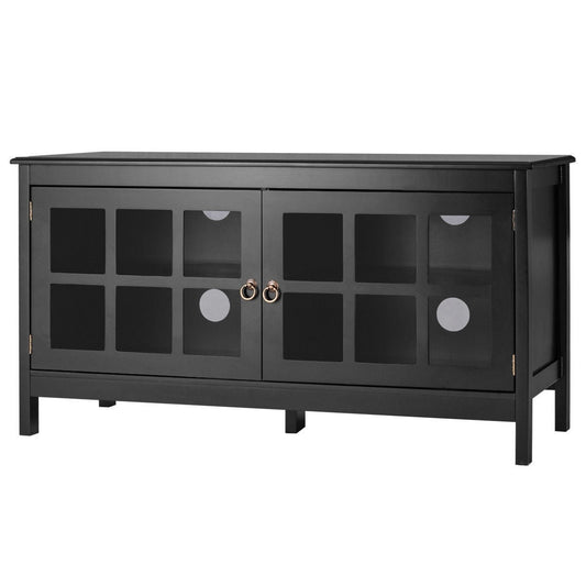 Living Room > TV Stands And Entertainment Centers - Black Wood Entertainment Center TV Stand With Glass Panel Doors
