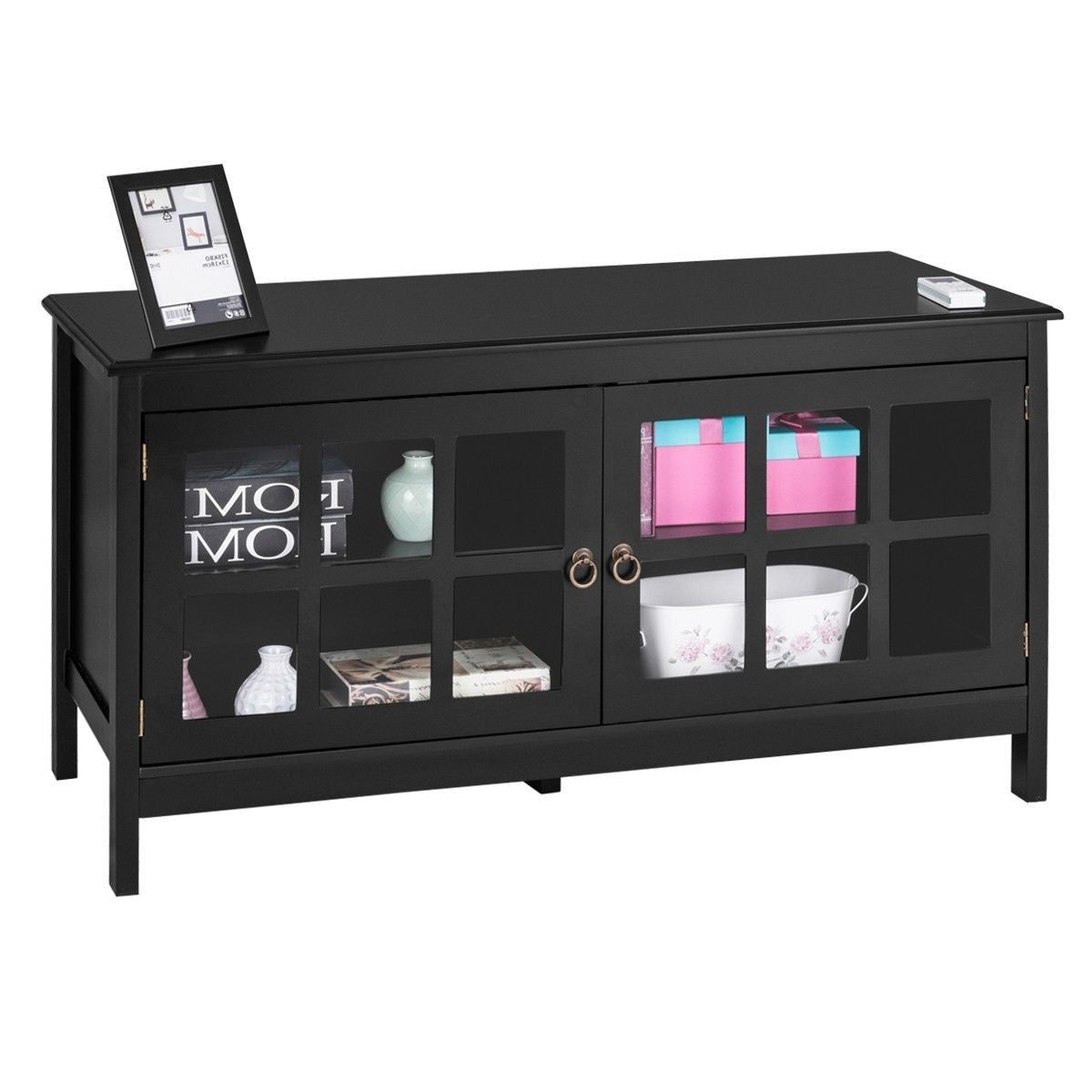 Living Room > TV Stands And Entertainment Centers - Black Wood Entertainment Center TV Stand With Glass Panel Doors
