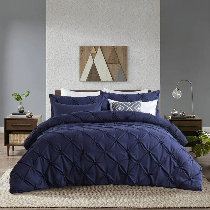 Bedroom > Comforters And Sets - Twin Size All Season Pleated Hypoallergenic Microfiber Reversible 2 Piece Comforter Set In Navy