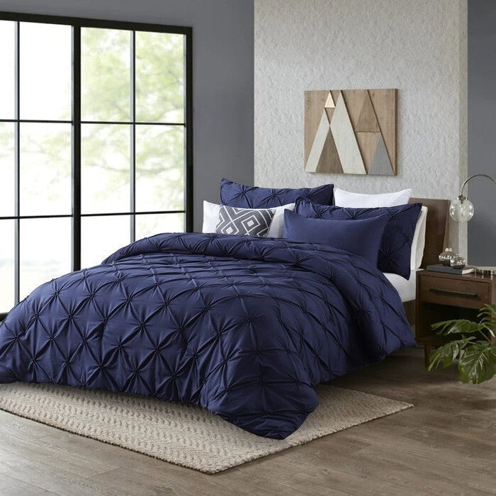 Bedroom > Comforters And Sets - Twin Size All Season Pleated Hypoallergenic Microfiber Reversible 2 Piece Comforter Set In Navy