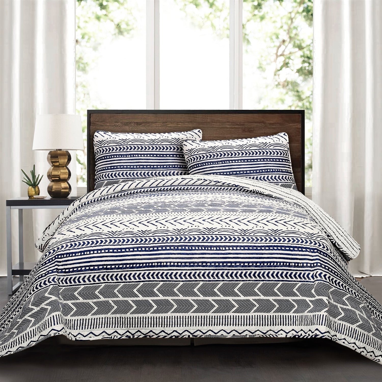 Bedroom > Quilts & Blankets - 3 Piece Scandinavian Blue White Reversible Cotton Set In Full/Queen