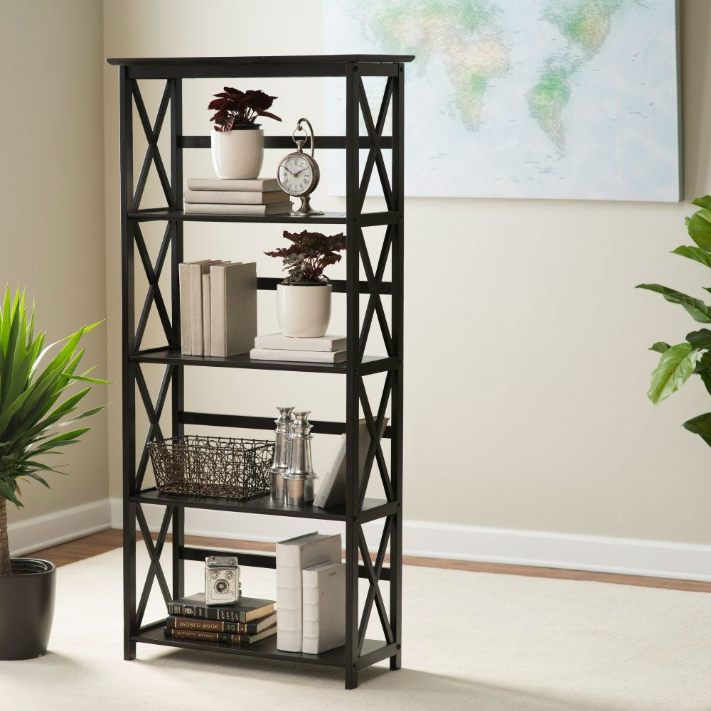 Living Room > Bookcases - Tall 5-Tier Bookcase In Black Wood Finish