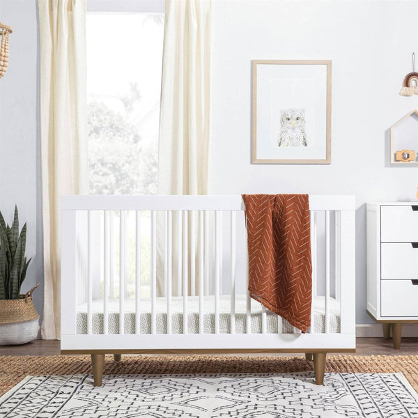 3-in-1 Modern Solid Wood Crib in White with Mid Century Style Legs in Walnut-Novel Home