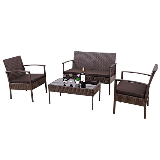 Outdoor > Outdoor Furniture > Patio Furniture Sets - Brown 4-Piece Outdoor Rattan Patio Furniture Set