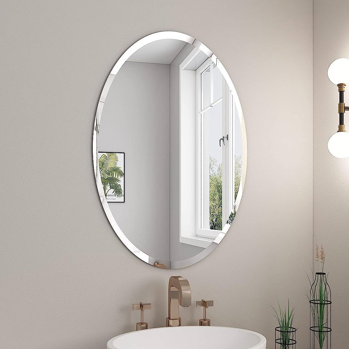 Accents > Mirrors - Oval Frameless 35-inch Beveled Bathroom Bedroom Living Room Vanity Wall Mirror