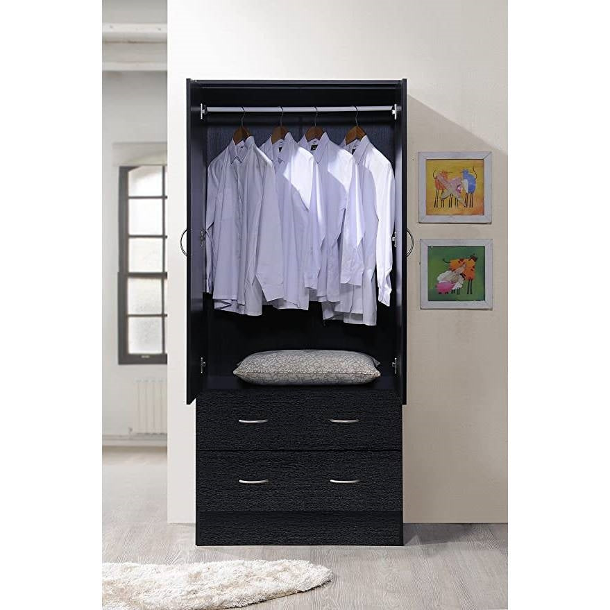 Bedroom > Wardrobe & Armoire - Black 2 Door Wardrobe Armoire With 2 Drawers And Hanging Rod Storage