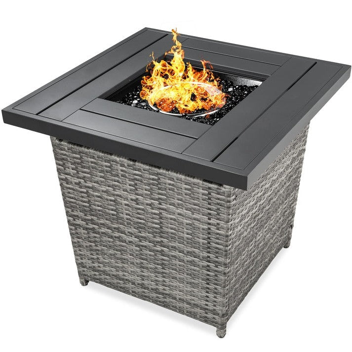 Outdoor > Outdoor Decor > Fire Pits - 50,000 BTU Grey Wicker LP Gas Propane Fire Pit W/ Faux Wood Tabletop And Cover