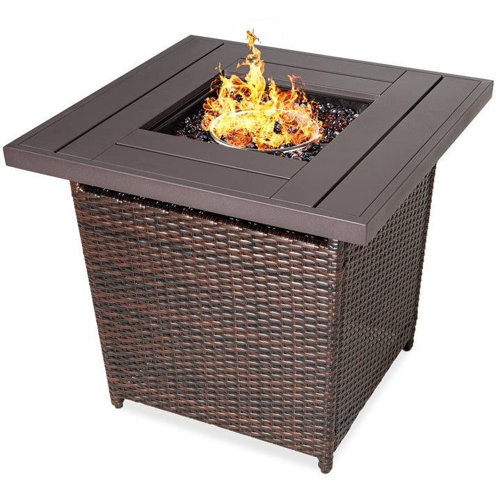 Outdoor > Outdoor Decor > Fire Pits - Brown Resin Wicker Fire Pit LP Gas Propane W/ Faux Wood Tabletop And Cover