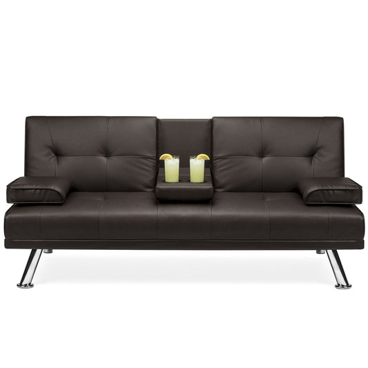 Living Room > Sofas - Brown Faux Leather Convertible Sofa Futon With 2 Cup Holders