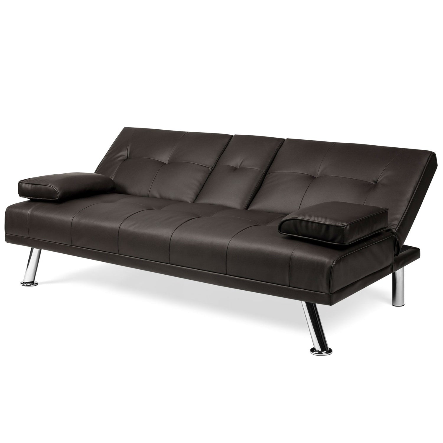 Living Room > Sofas - Brown Faux Leather Convertible Sofa Futon With 2 Cup Holders