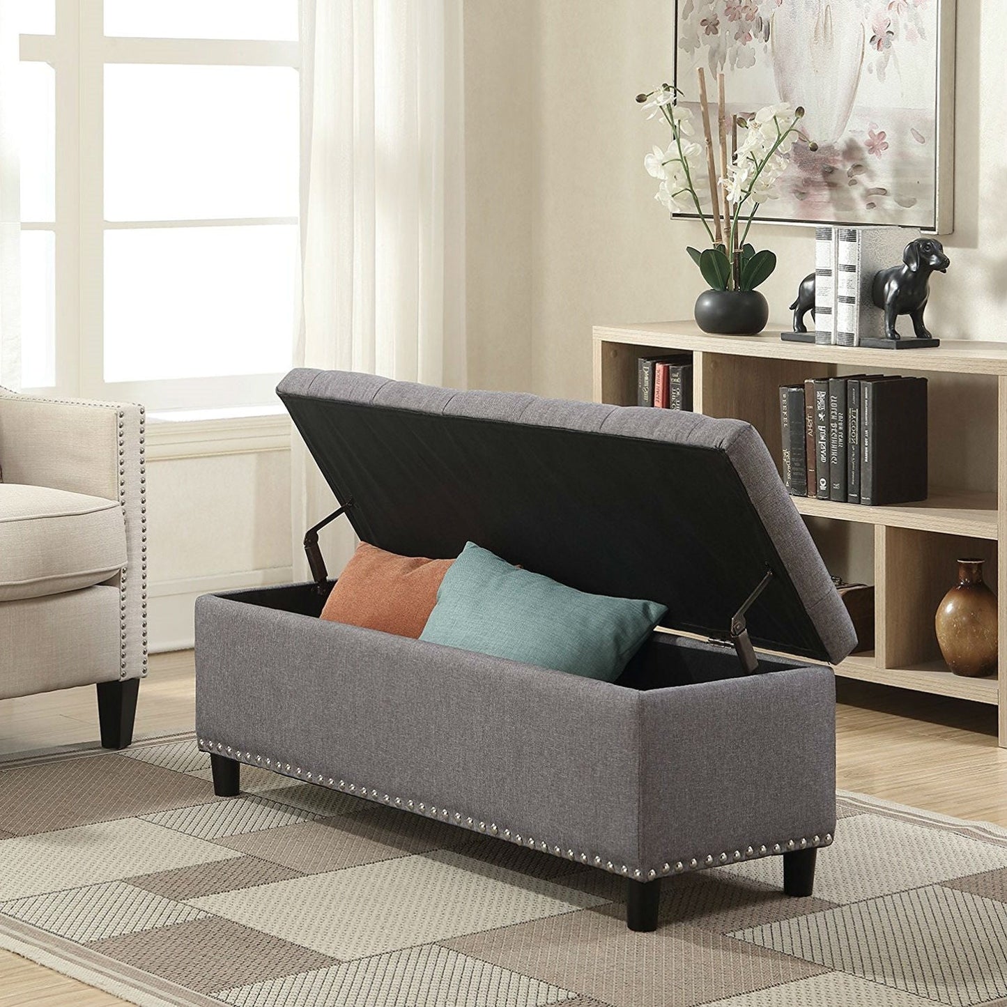 Accents > Benches - Grey Linen 48-inch Bedroom Storage Ottoman Bench Footrest