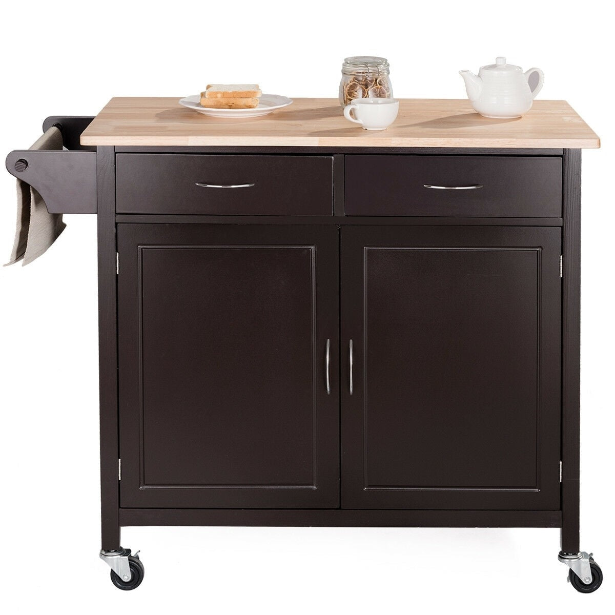 Kitchen > Kitchen Carts - Brown Kitchen Island Storage Cart With Wood Top And Casters