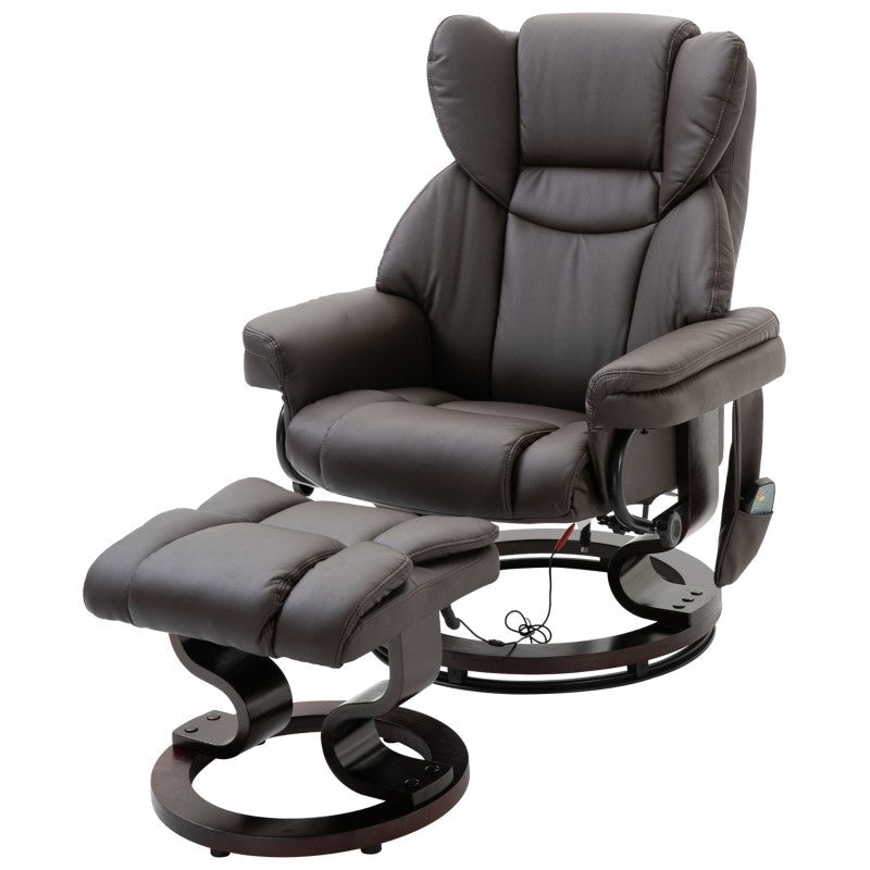 Living Room > Recliners And Chaise Lounge - Adjustable Brown Faux Leather Remote Massage Recliner Chair W/ Ottoman