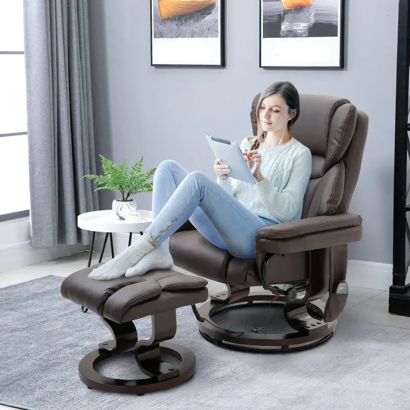 Living Room > Recliners And Chaise Lounge - Adjustable Brown Faux Leather Remote Massage Recliner Chair W/ Ottoman