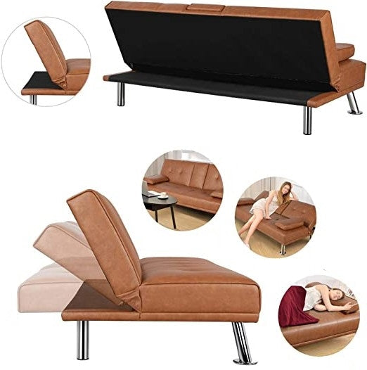 Living Room > Sofas - Brown Modern Faux Leather Cup Holders Convertible Sofa Bed Futon Sleeper