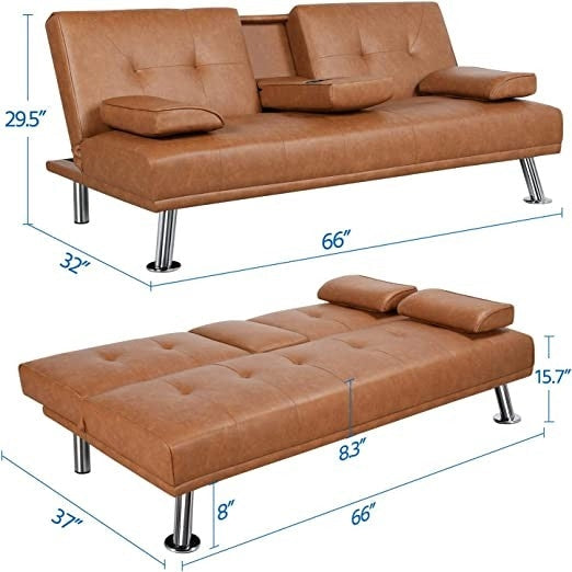 Living Room > Sofas - Brown Modern Faux Leather Cup Holders Convertible Sofa Bed Futon Sleeper