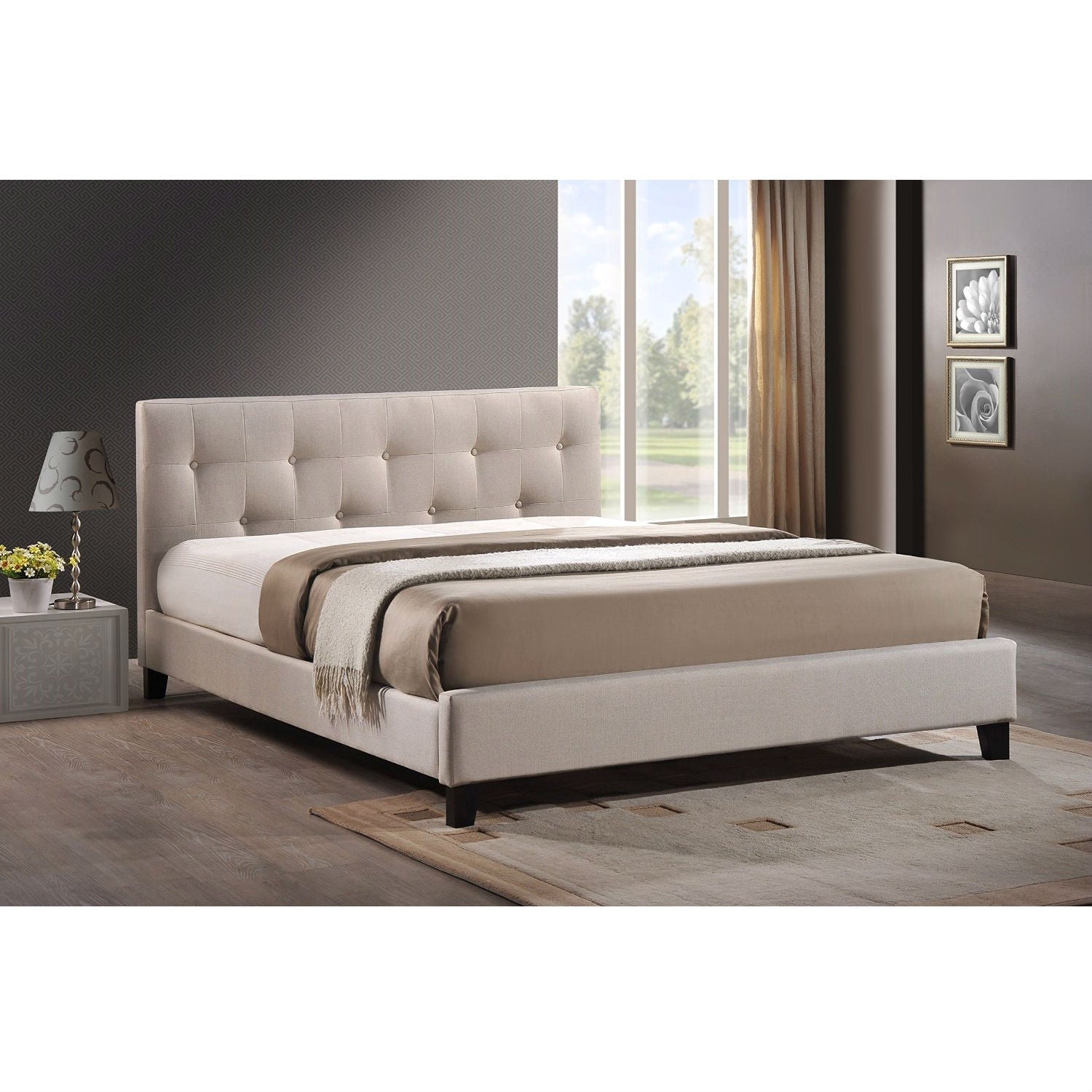 Bedroom - Full Size Modern Platform Bed With Beige Fabric Upholstered Headboard