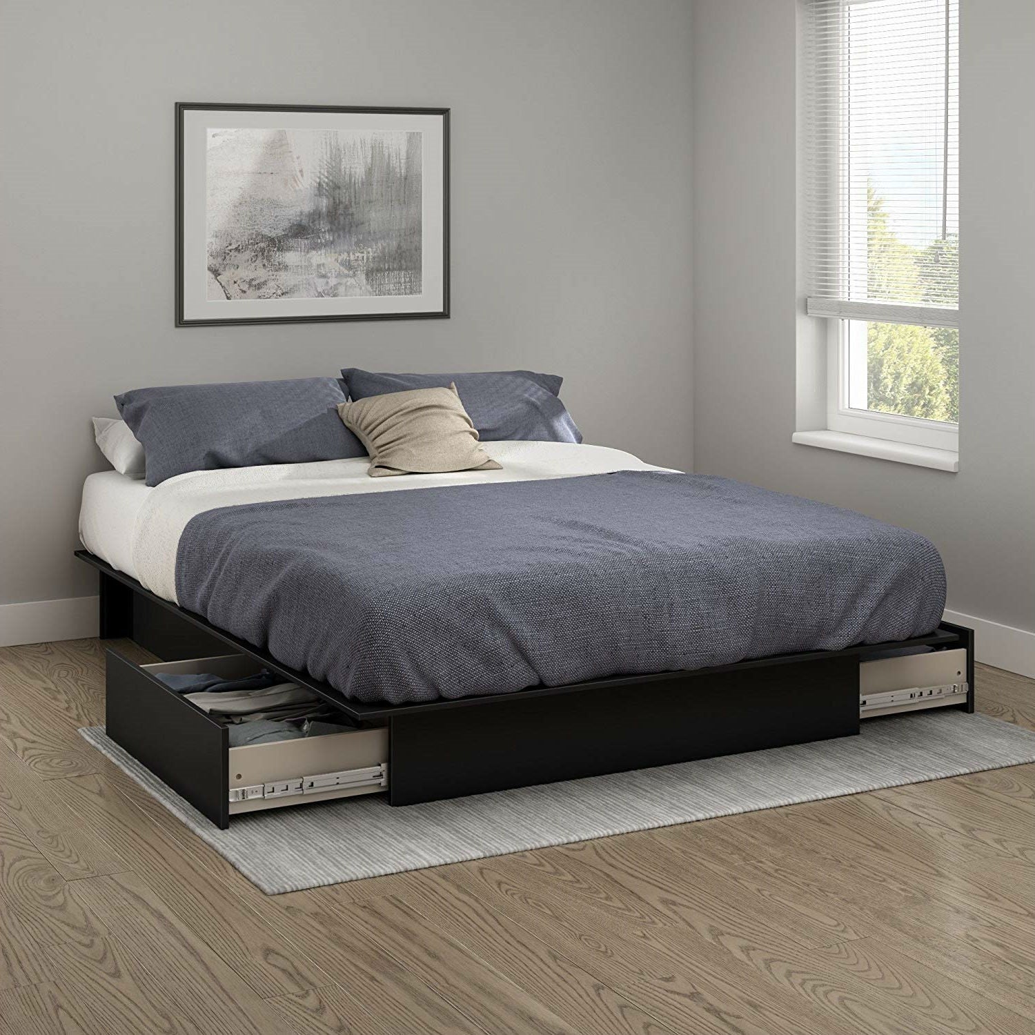 Bedroom > Bed Frames > Platform Beds - Queen Platform Bed Frame With 2 Storage Drawers In Black Wood Finish