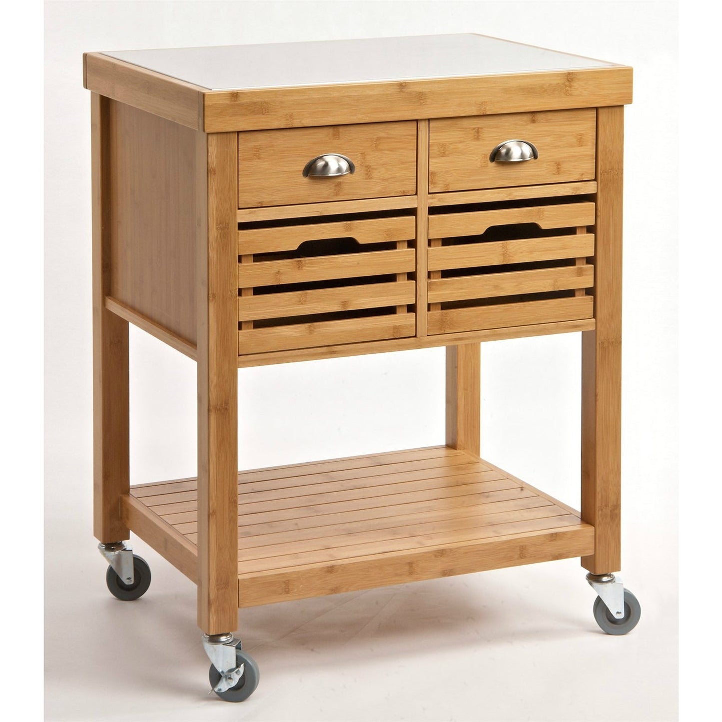 Kitchen > Kitchen Carts - Stainless Steel Top Bamboo Wood Kitchen Cart With Casters