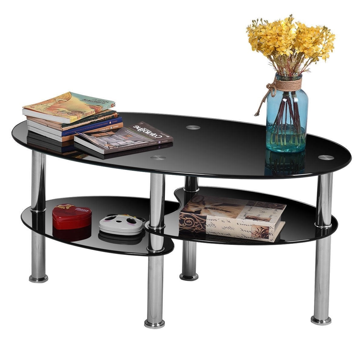 Living Room > Coffee Tables - Modern Black Tempered Glass Coffee Table With Bottom Shelf