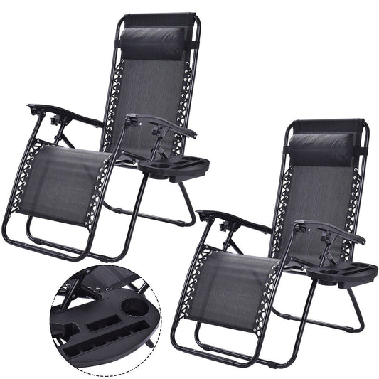 Outdoor > Outdoor Furniture > Patio Chairs - Set Of 2 Black Folding Outdoor Zero Gravity Lounge Chair Recliner
