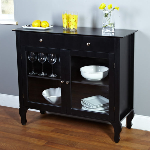 Dining > Sideboards & Buffets - Black Dining Room Buffet Sideboard Server Cabinet With Glass Doors