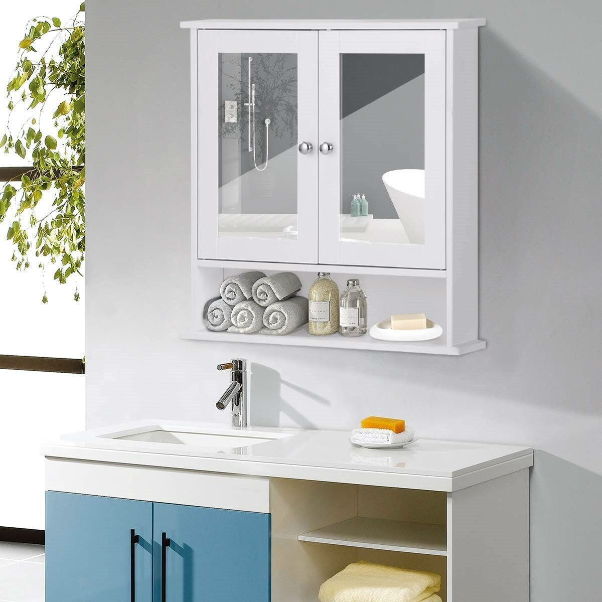 Bathroom > Bathroom Cabinets - White Bathroom Wall Medicine Cabinet With Mirror And Open Shelf