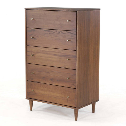 Bedroom > Nightstand And Dressers - Farmhouse Rustic Walnut Mid Century 5 Drawer Chest