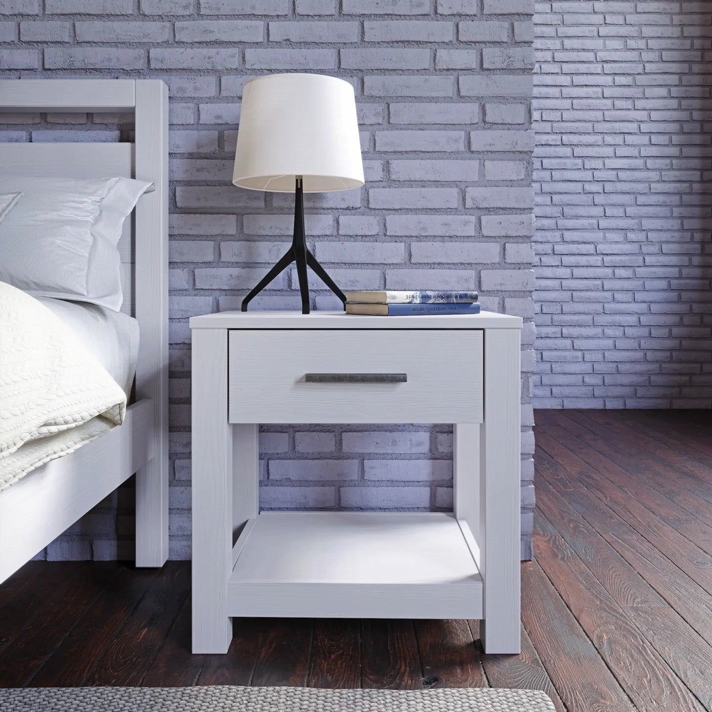 Bedroom > Nightstand And Dressers - Farmhouse Traditional Rustic White Pine Wood 1-Drawer Nightstand Bedside Table