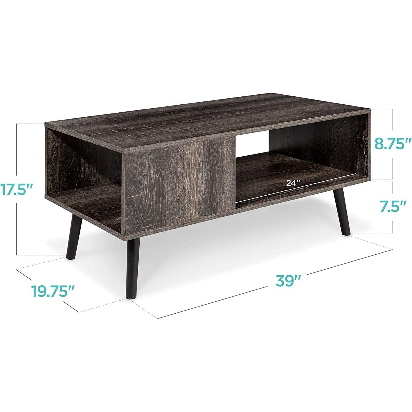 Living Room > Coffee Tables - Modern Mid-Century Coffee Table Living Room Storage Shelf In Rustic Black Wood