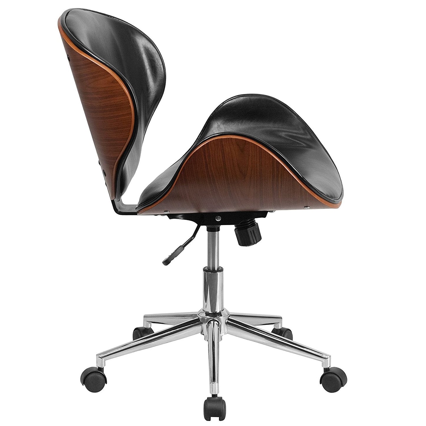 Office > Office Chairs - Mid-Back Walnut / Black Faux Leather Office Chair With Curved Bentwood Seat