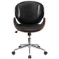 Office > Office Chairs - Mid-Back Walnut / Black Faux Leather Office Chair With Curved Bentwood Seat